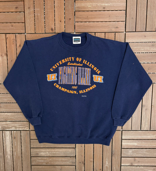 Illinois Fighting Illini Graphic Crewneck | Size Large | Vintage 1990s College Sports Blue Sweater |