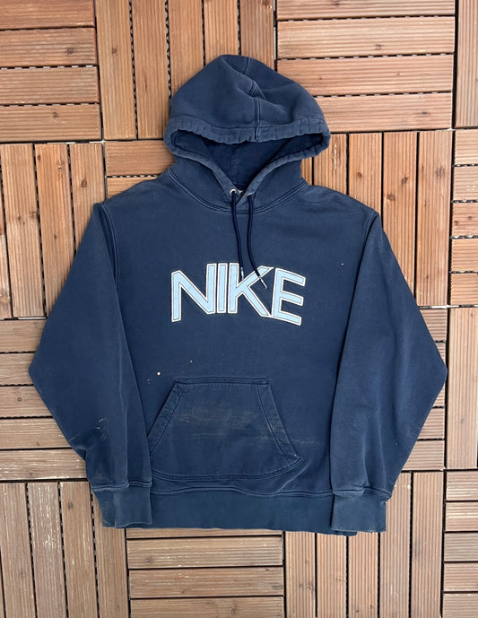 Nike Spell Out Stitched Graphic Hoodie | Size Medium | Vintage 2000s Branded Blue Sweater |