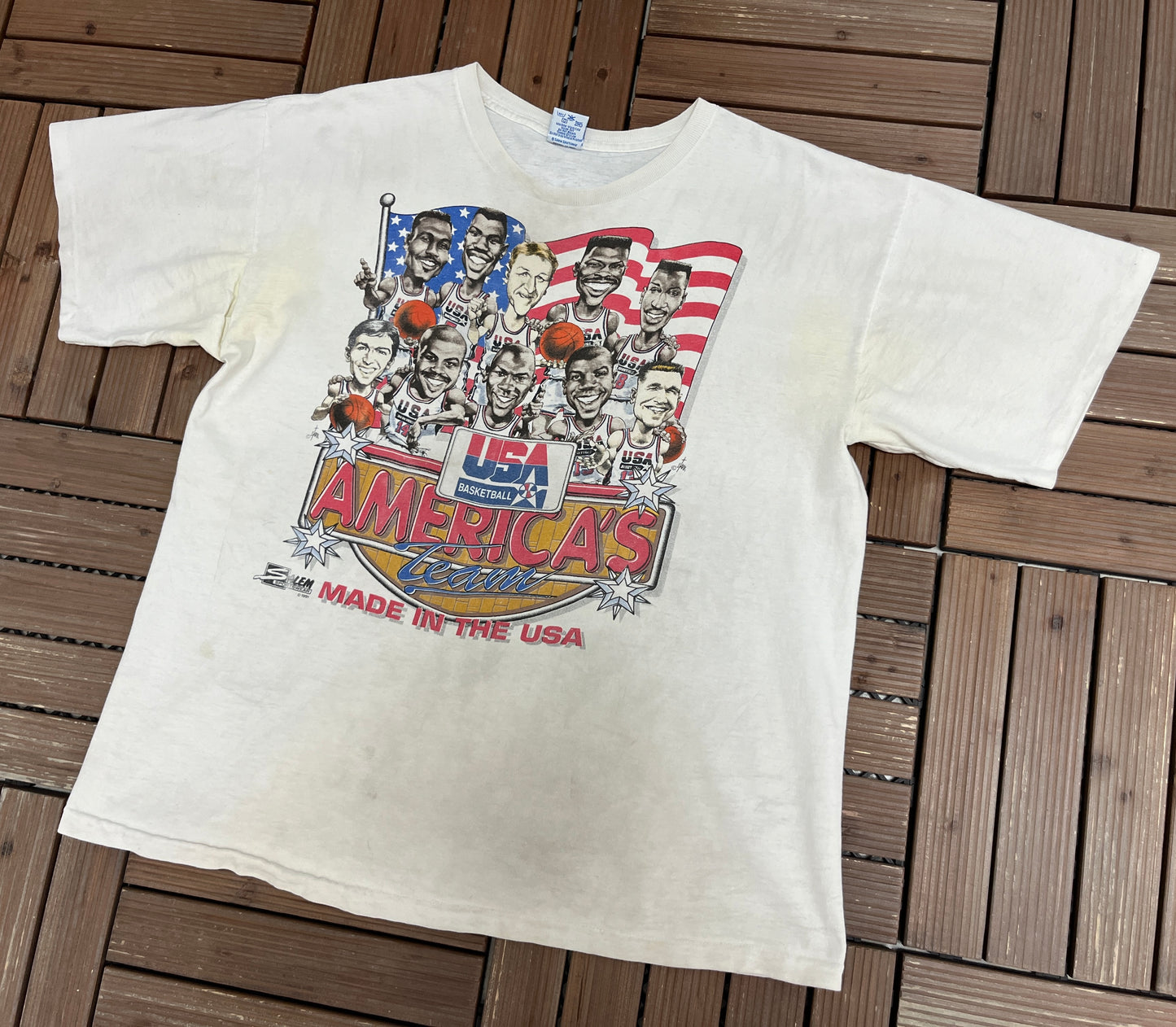 USA Basketball Dream Team Bighead Graphic Tee | Size X-Large | Vintage 1990s Salem Sportswear White T-Shirt |