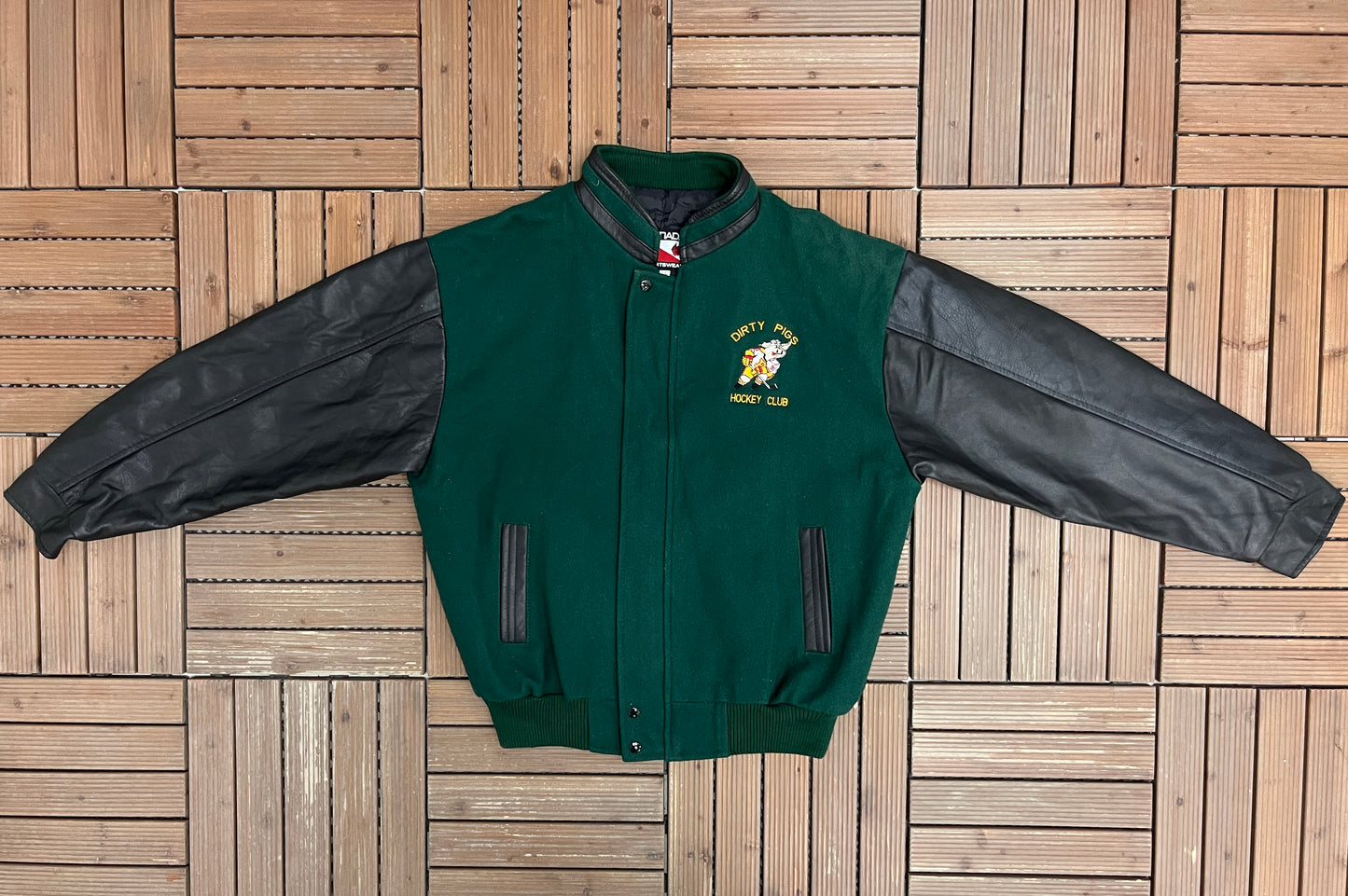 Dirty Pigs Hockey Graphic Jacket | Size Large | Vintage 1990s Varsity Green Jacket |