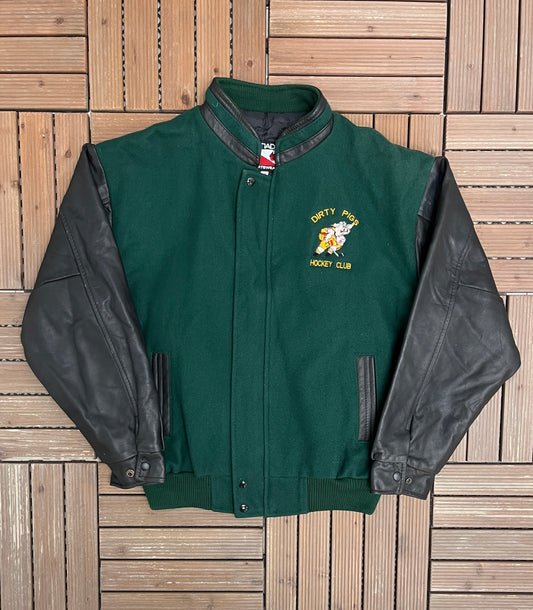 Dirty Pigs Hockey Graphic Jacket | Size Large | Vintage 1990s Varsity Green Jacket |