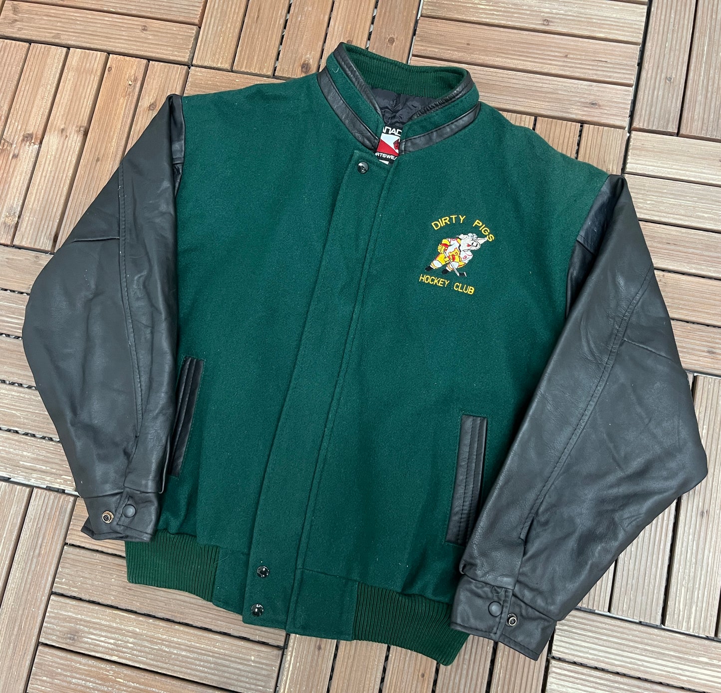 Dirty Pigs Hockey Graphic Jacket | Size Large | Vintage 1990s Varsity Green Jacket |