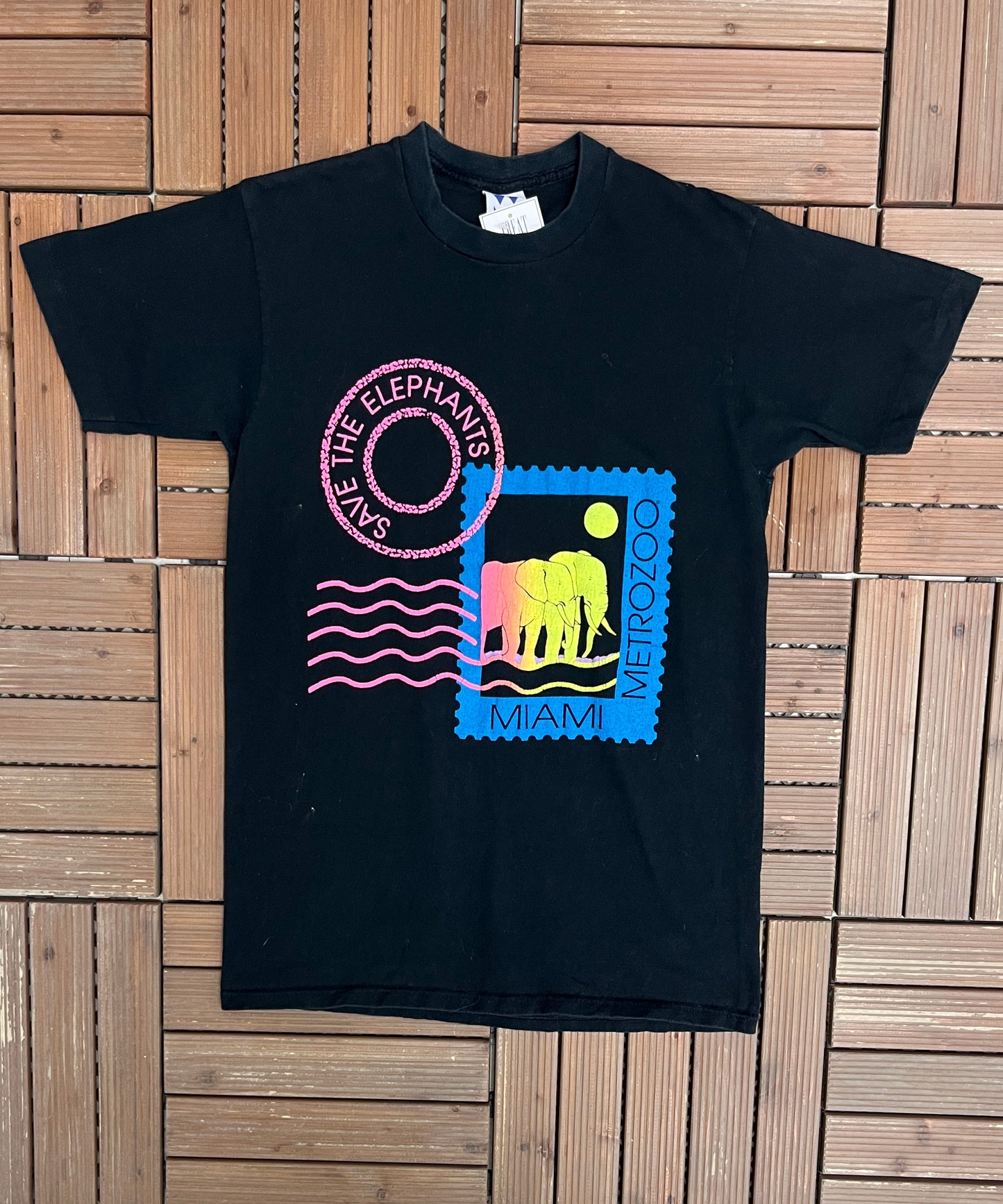 Miami Metro Zoo Save The Elephants Graphic Tee | Size Large | Vintage 1990s Promotional Black T-Shirt |