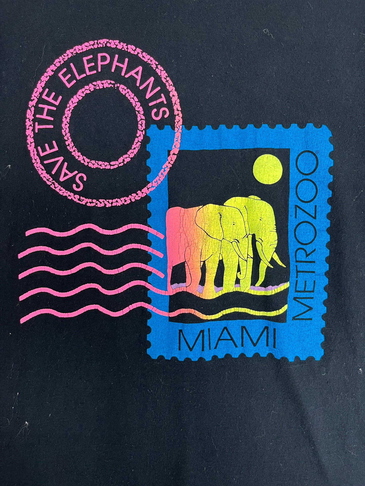 Miami Metro Zoo Save The Elephants Graphic Tee | Size Large | Vintage 1990s Promotional Black T-Shirt |