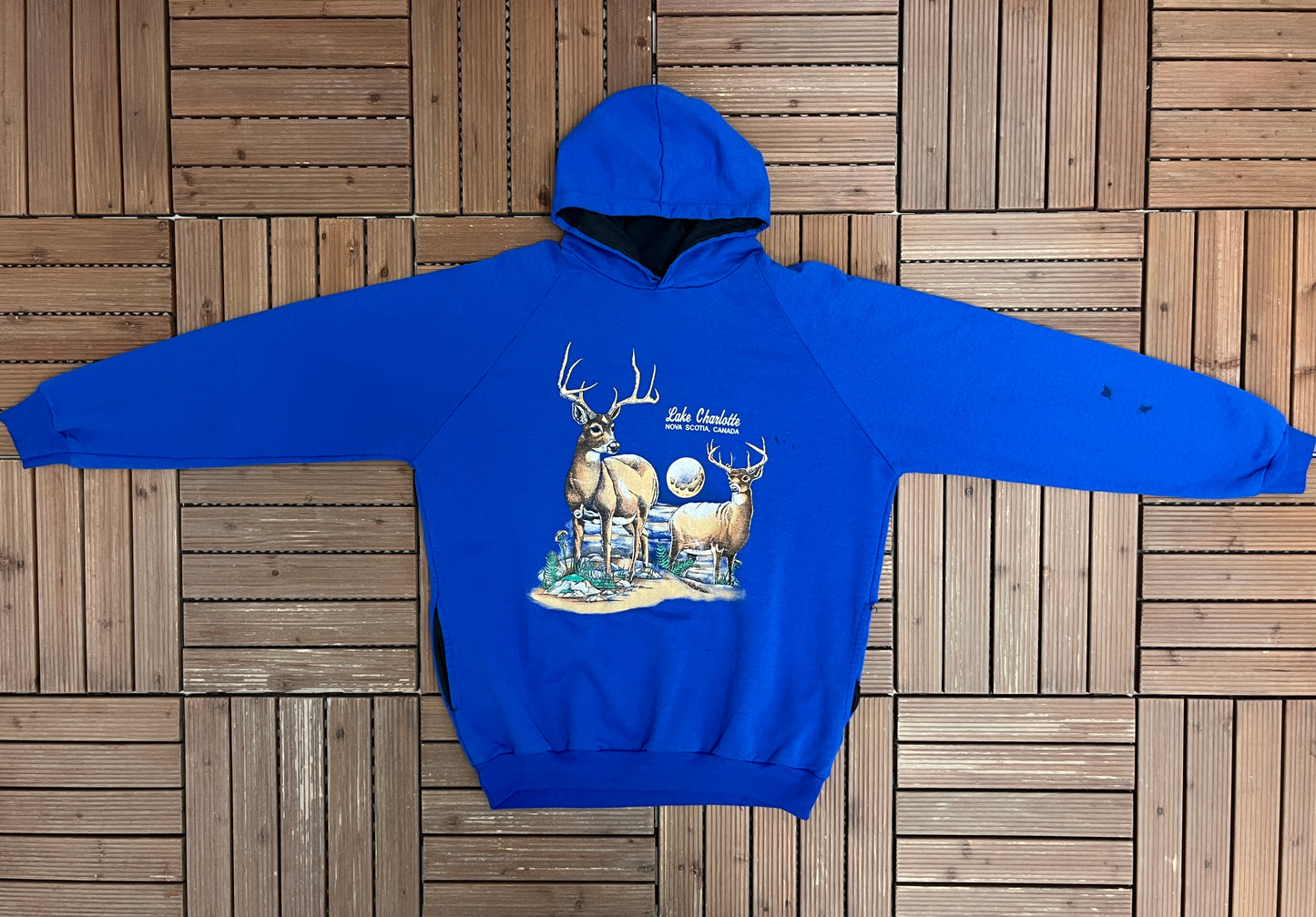 Lake Charlotte Nova Scotia, Canada Graphic Hoodie | Size X-Large | Vintage 1990s Blue Tourist Sweater |