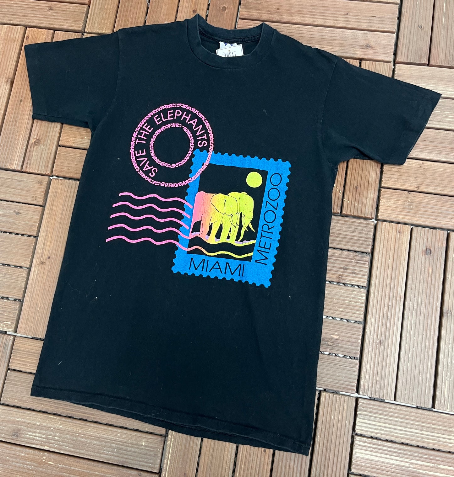 Miami Metro Zoo Save The Elephants Graphic Tee | Size Large | Vintage 1990s Promotional Black T-Shirt |