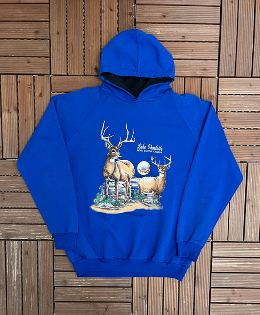 Lake Charlotte Nova Scotia, Canada Graphic Hoodie | Size X-Large | Vintage 1990s Blue Tourist Sweater |