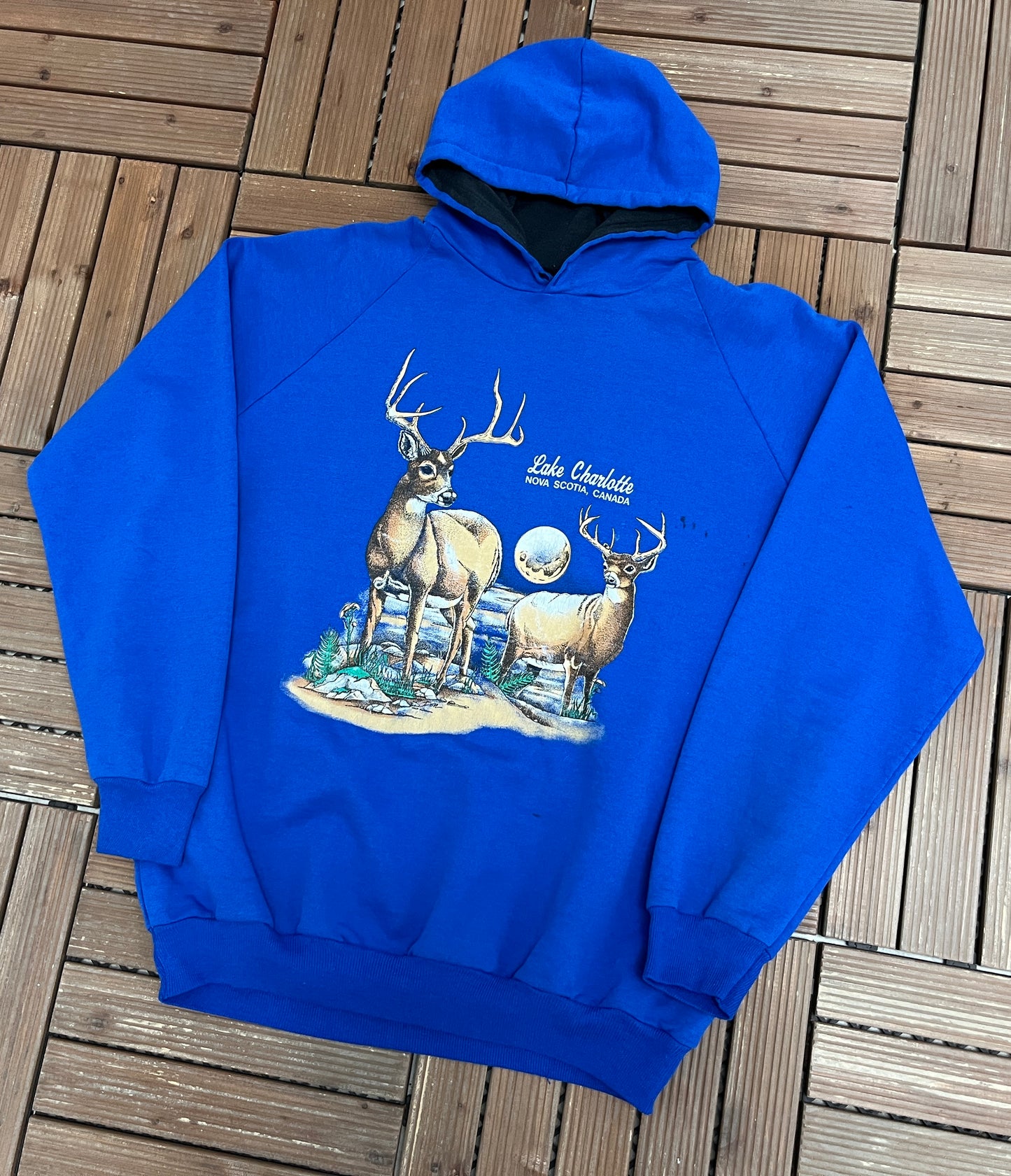 Lake Charlotte Nova Scotia, Canada Graphic Hoodie | Size X-Large | Vintage 1990s Blue Tourist Sweater |