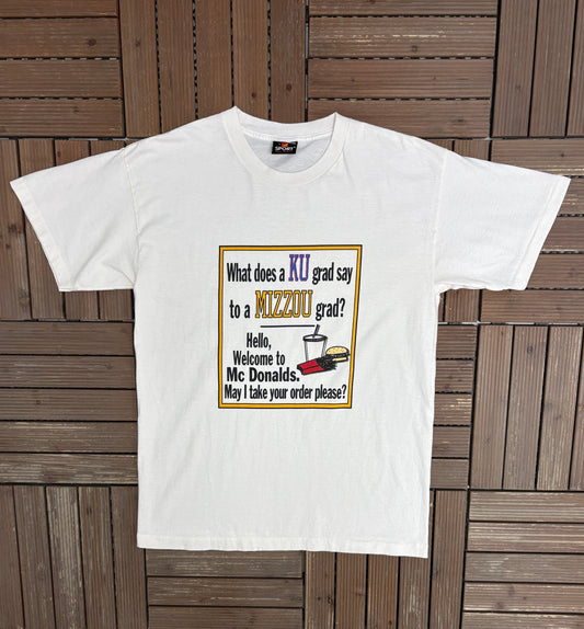 Missouri Tigers vs. Kansas Jayhawks Rivalry Graphic Tee | Size Large | Vintage 1980s College Sports White T-Shirt |
