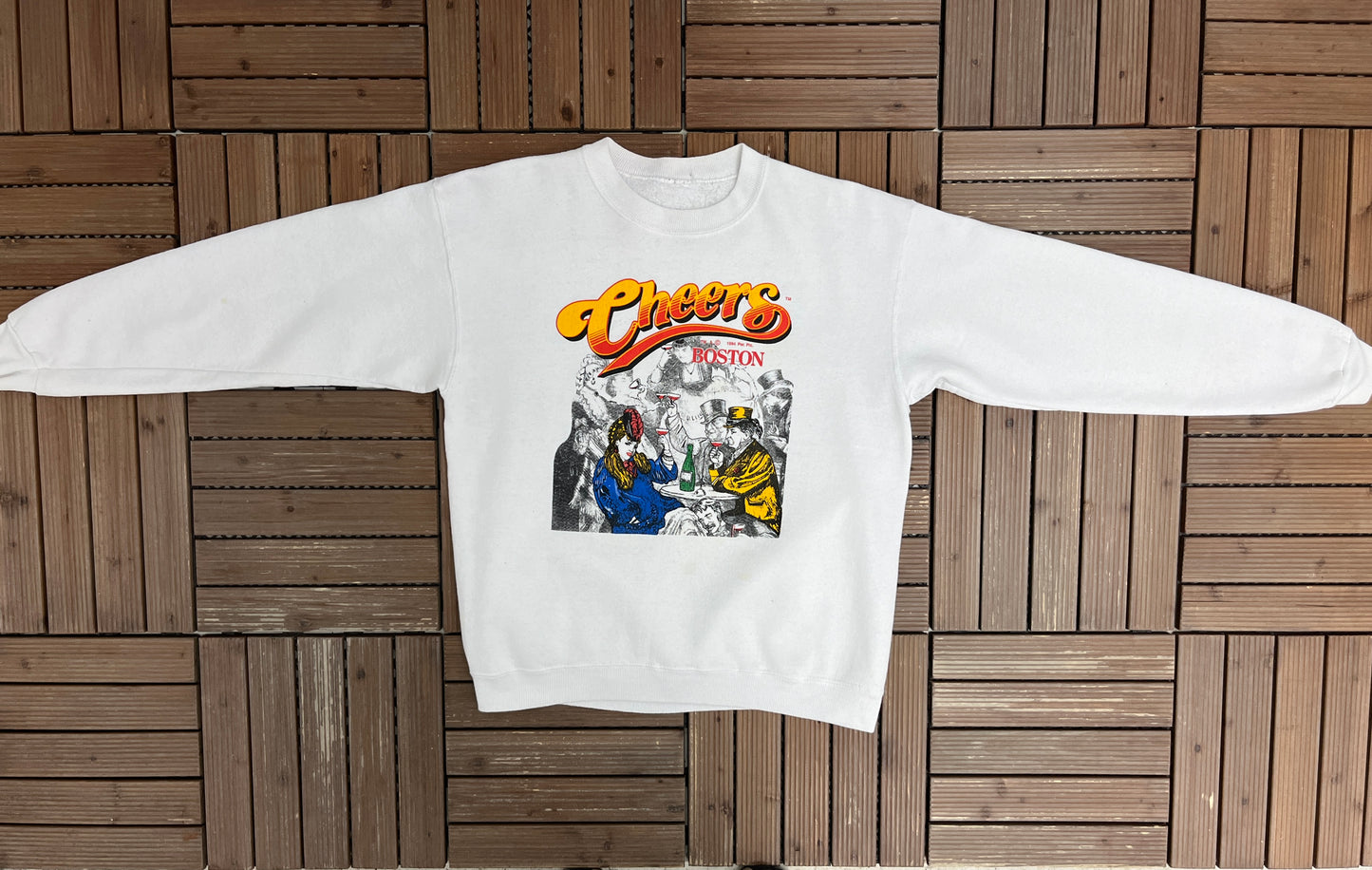 Cheers Boston Graphic Crewneck | Size Large | Vintage 1990s Television Series Promotional White Sweater |