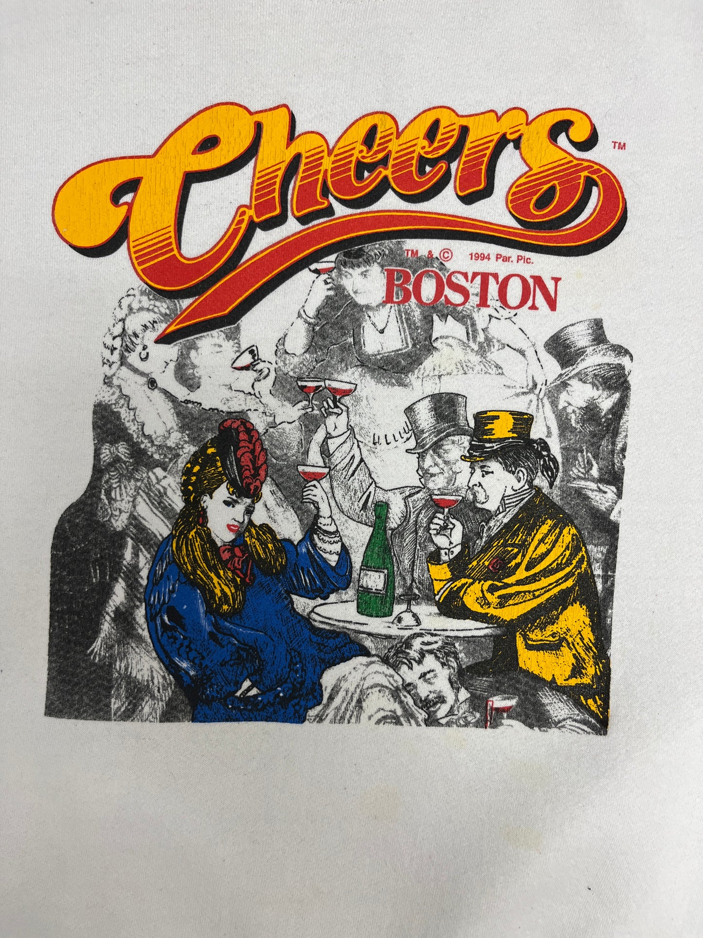 Cheers Boston Graphic Crewneck | Size Large | Vintage 1990s Television Series Promotional White Sweater |