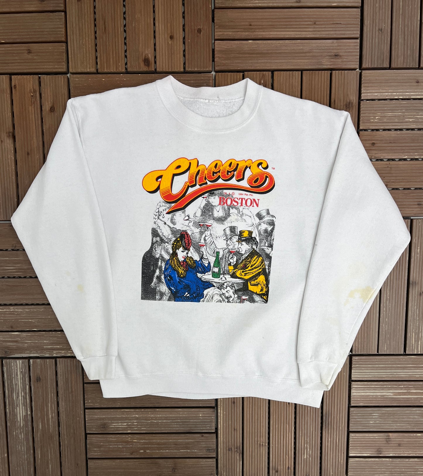 Cheers Boston Graphic Crewneck | Size Large | Vintage 1990s Television Series Promotional White Sweater |