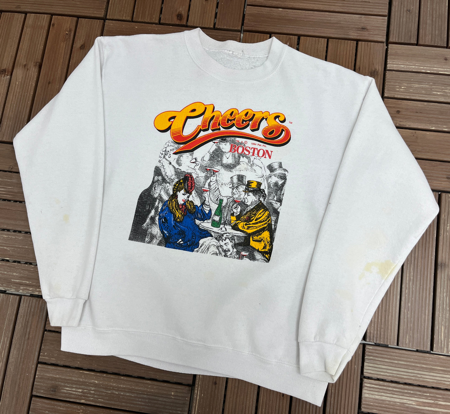 Cheers Boston Graphic Crewneck | Size Large | Vintage 1990s Television Series Promotional White Sweater |