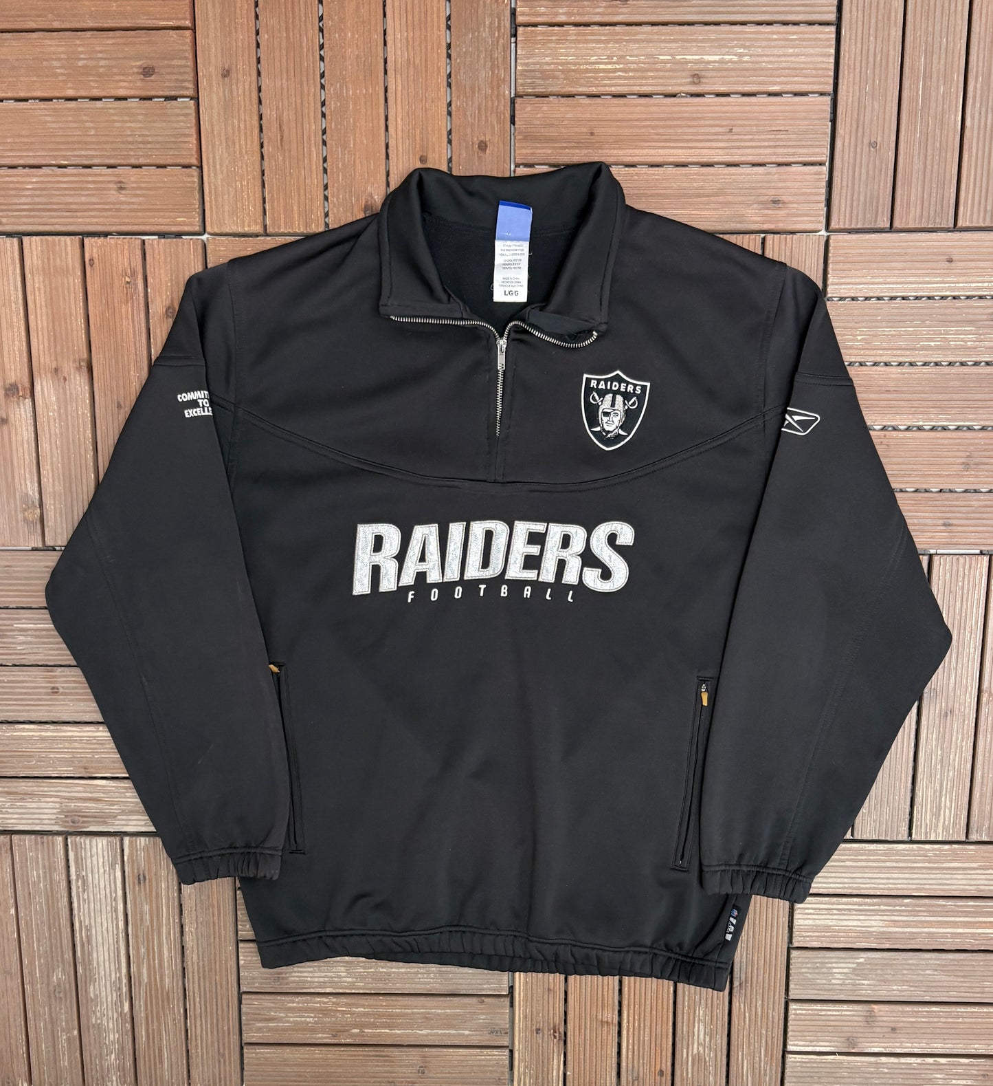 Oakland Raiders Football Graphic Quarter Zip Sweater | Size Large | Vintage 2000s NFL Football Black Sweatshirt |