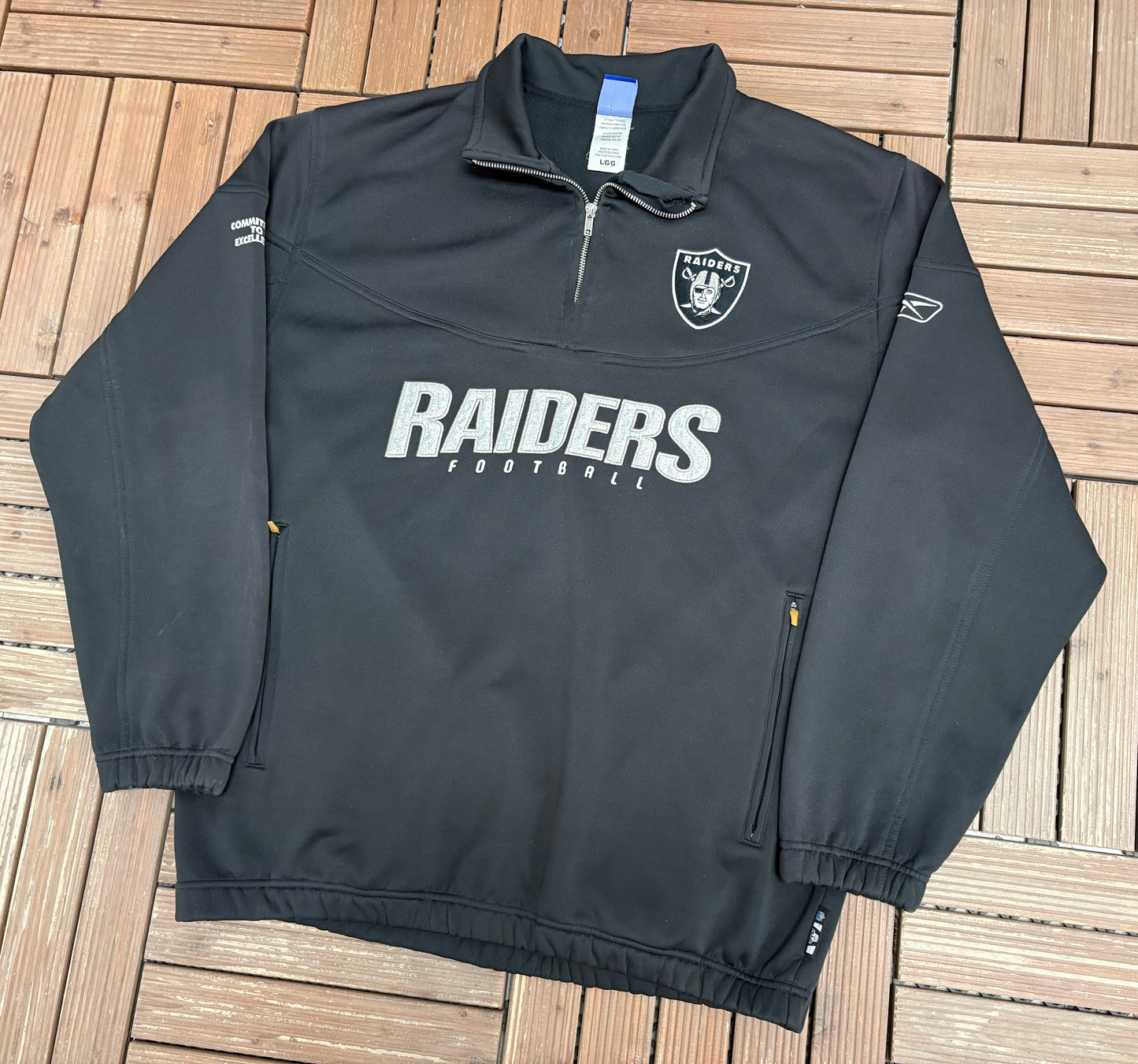 Oakland Raiders Football Graphic Quarter Zip Sweater | Size Large | Vintage 2000s NFL Football Black Sweatshirt |