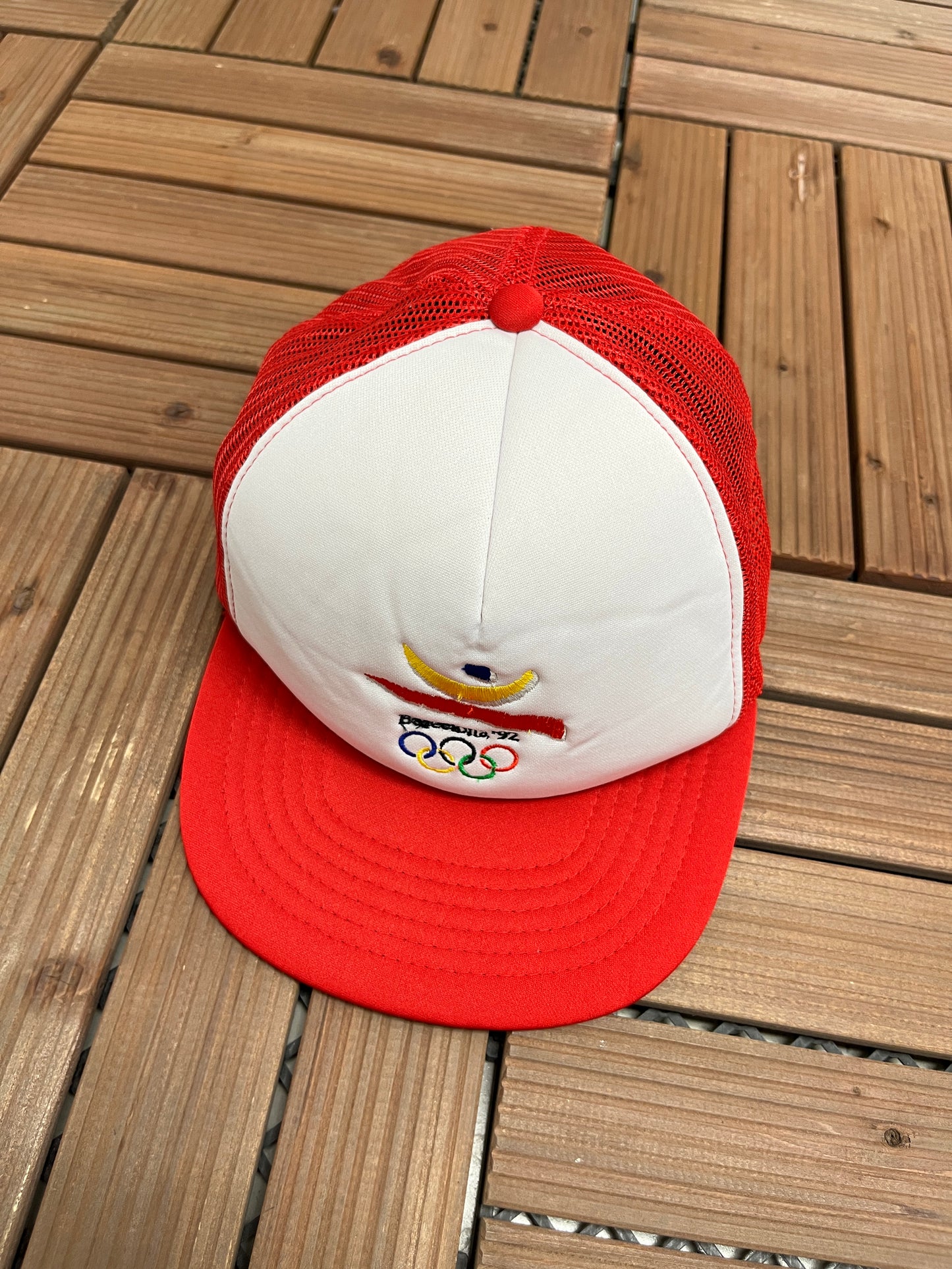 Barcelona 1992 Olympics Embroidered Hat | Snap Back | Vintage 1990s Promotional White Trucker Cap |