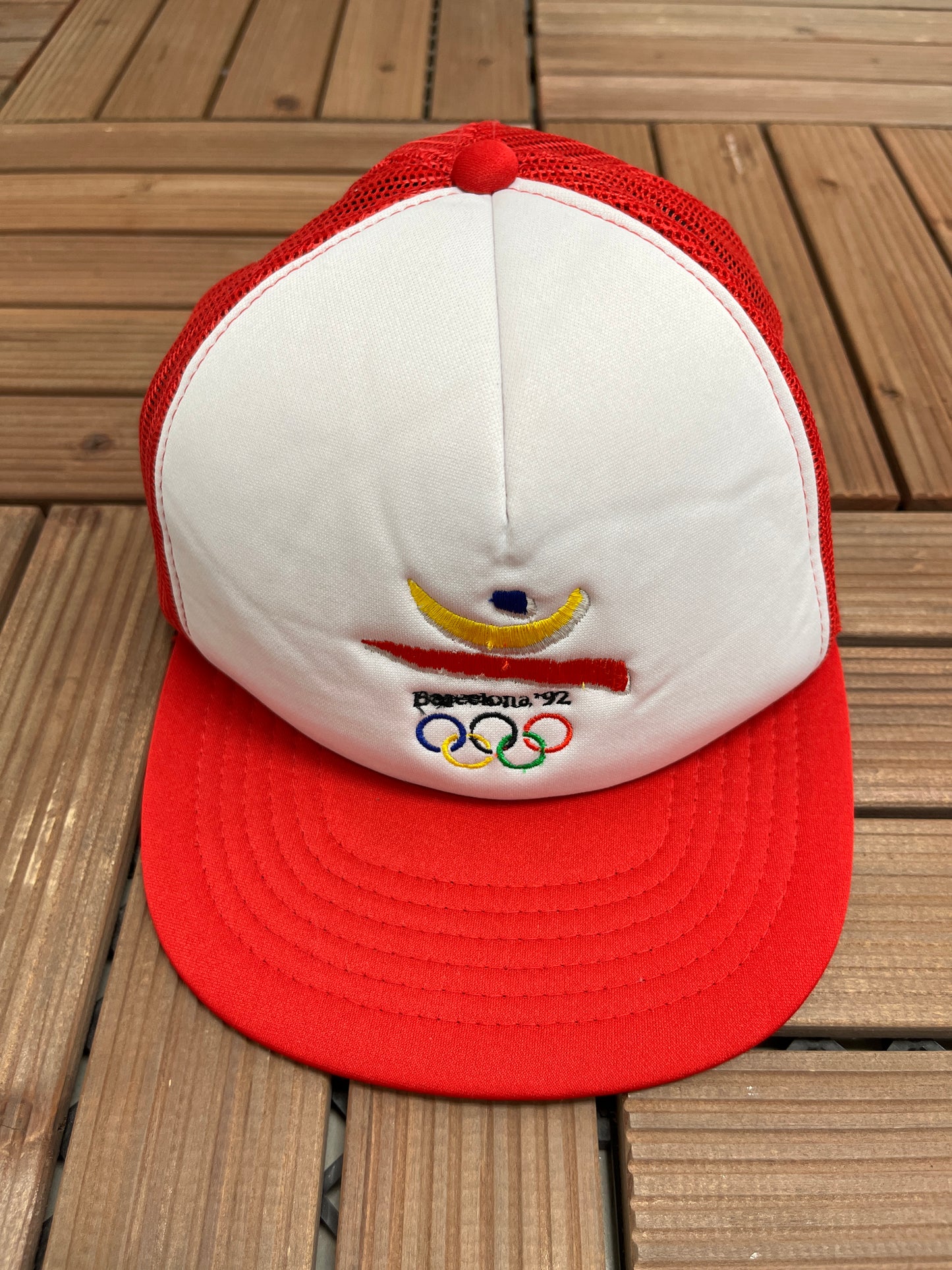 Barcelona 1992 Olympics Embroidered Hat | Snap Back | Vintage 1990s Promotional White Trucker Cap |