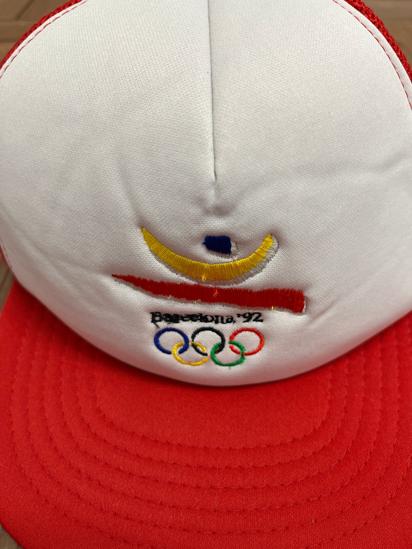 Barcelona 1992 Olympics Embroidered Hat | Snap Back | Vintage 1990s Promotional White Trucker Cap |