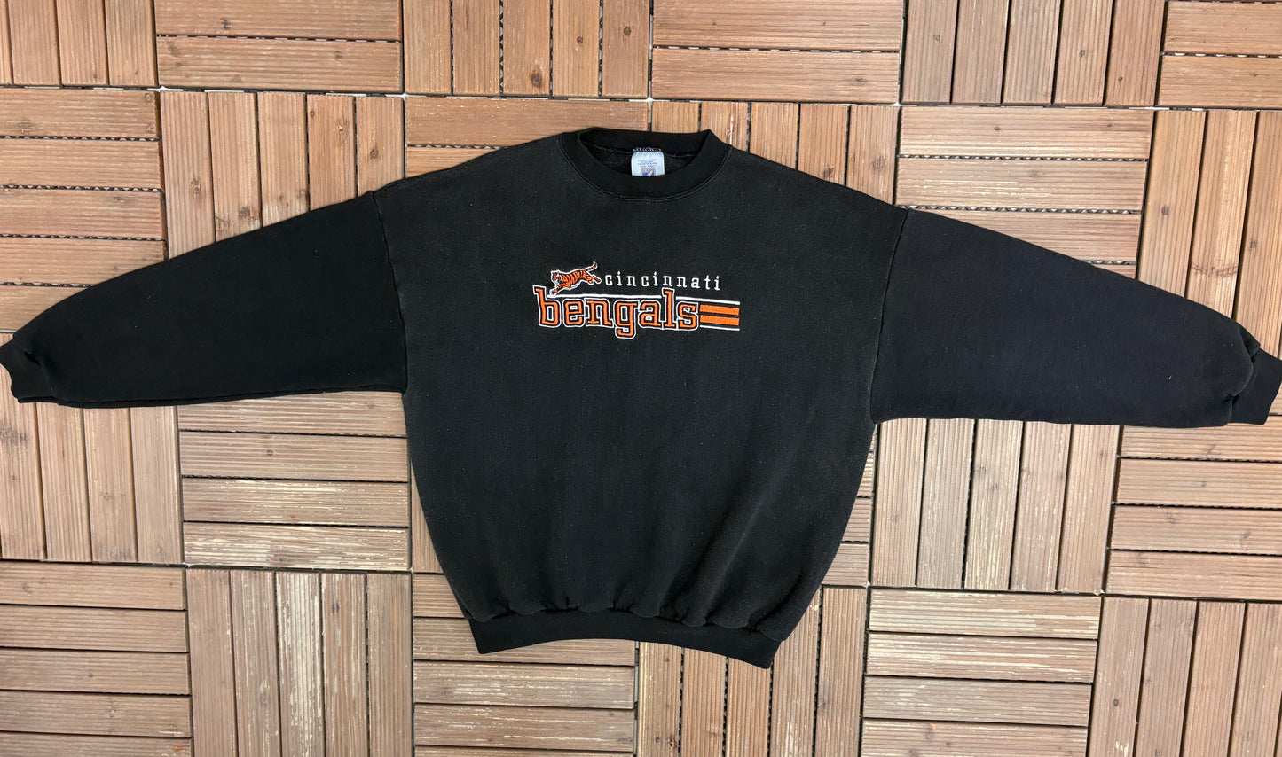 Cincinnati Bengals Stitched Graphic Crewneck | Size Large | Vintage 1990s NFL Football Black Sweater |