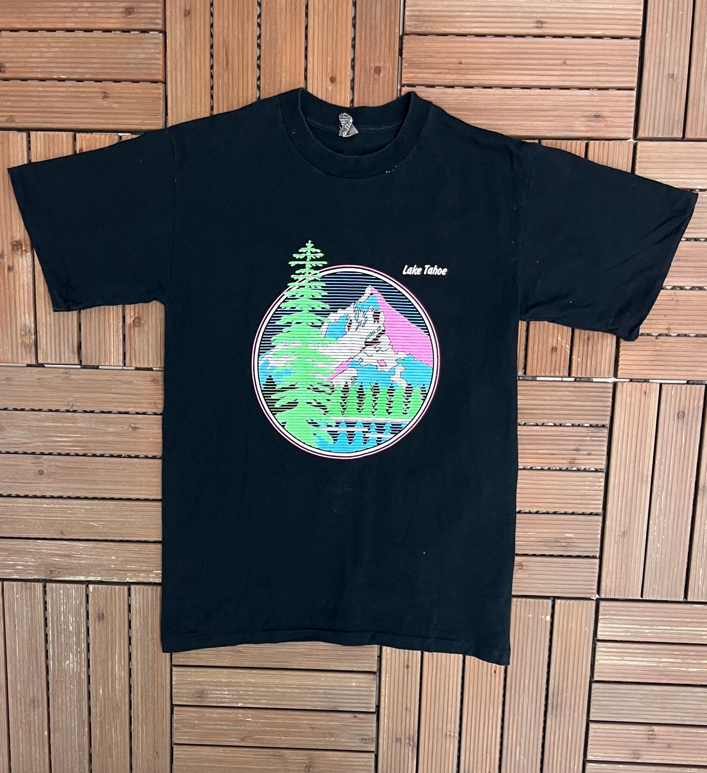 Lake Tahoe Scenic Graphic Tee | Size Large | Vintage 1990s Single Stitch Black T-Shirt |