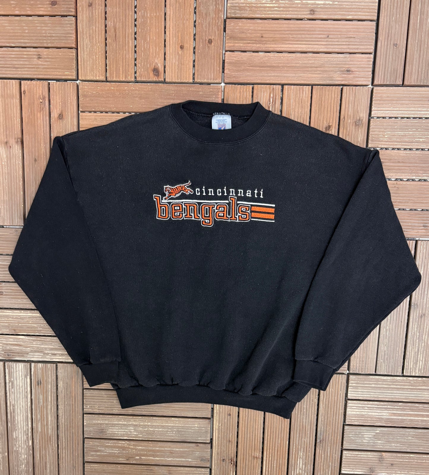 Cincinnati Bengals Stitched Graphic Crewneck | Size Large | Vintage 1990s NFL Football Black Sweater |