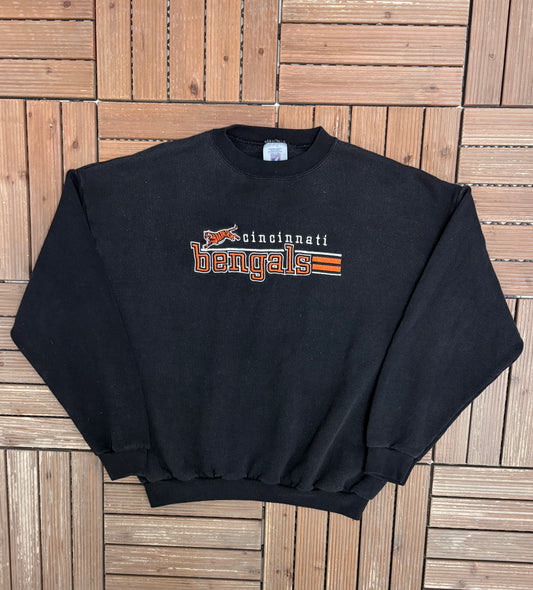 Cincinnati Bengals Stitched Graphic Crewneck | Size Large | Vintage 1990s NFL Football Black Sweater |