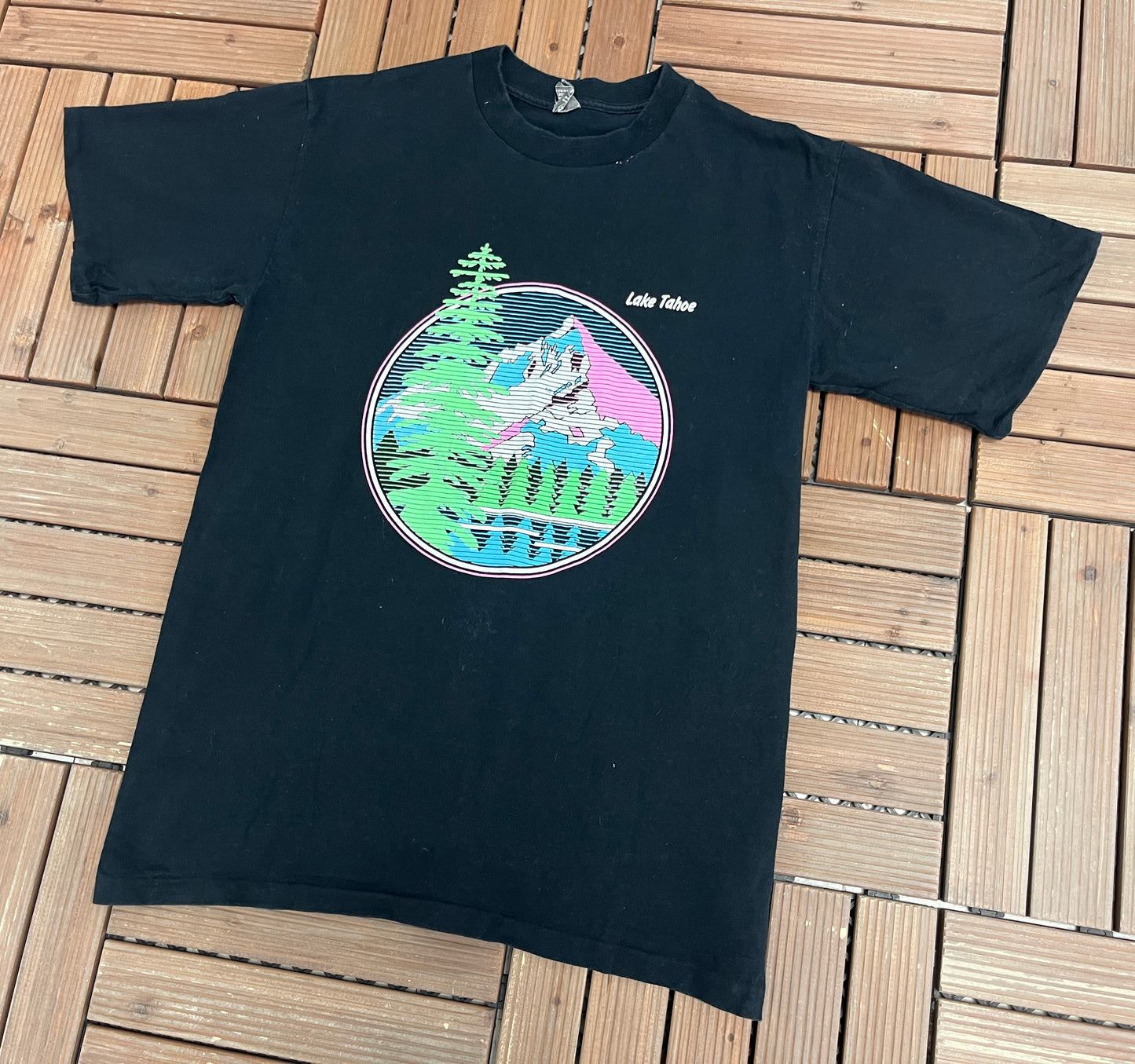 Lake Tahoe Scenic Graphic Tee | Size Large | Vintage 1990s Single Stitch Black T-Shirt |