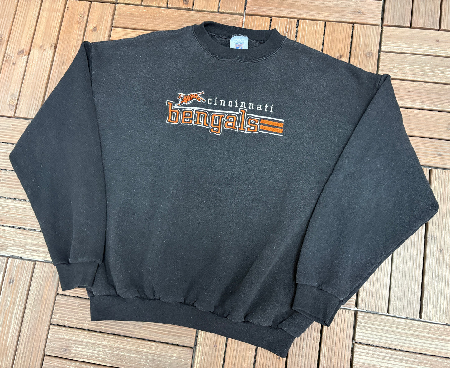 Cincinnati Bengals Stitched Graphic Crewneck | Size Large | Vintage 1990s NFL Football Black Sweater |