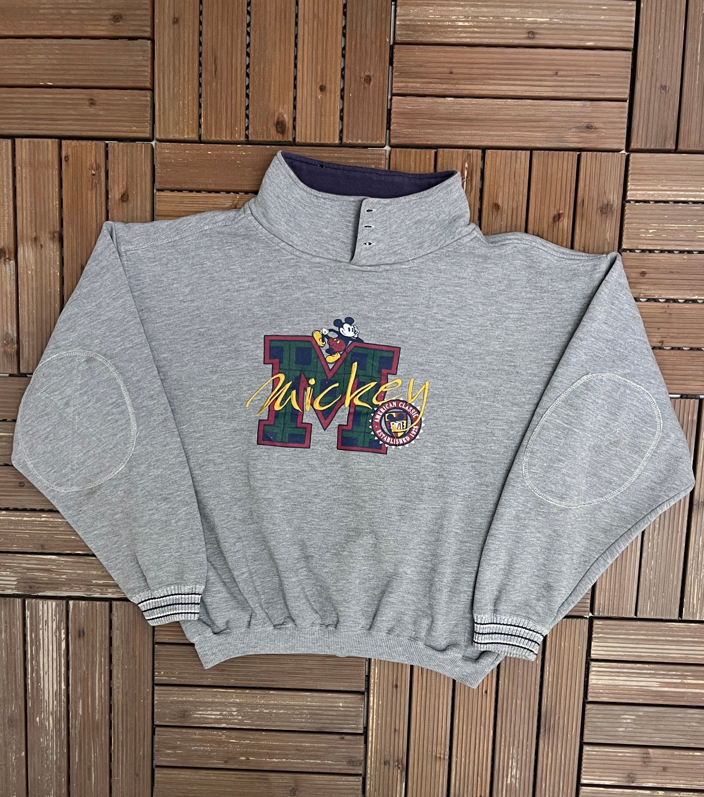 Mickey Mouse American Classic Graphic Sweater | Size Large/XL | Vintage 1990s Cartoon Grey Sweater |