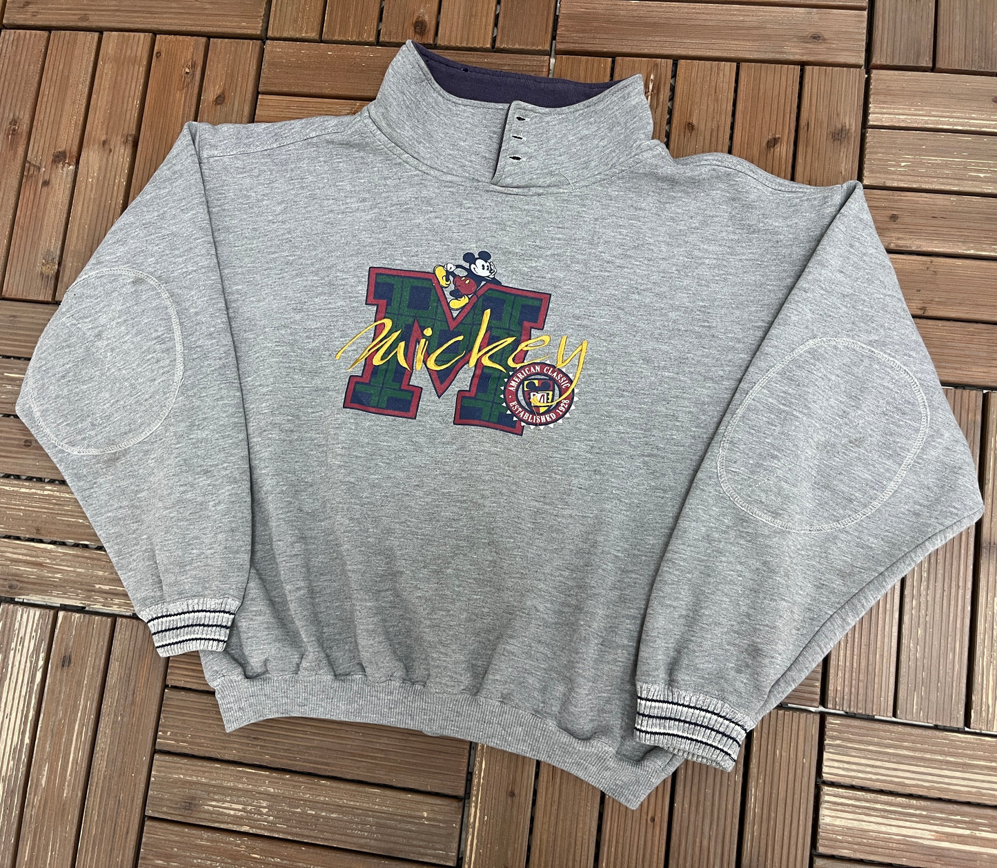 Mickey Mouse American Classic Graphic Sweater | Size Large/XL | Vintage 1990s Cartoon Grey Sweater |