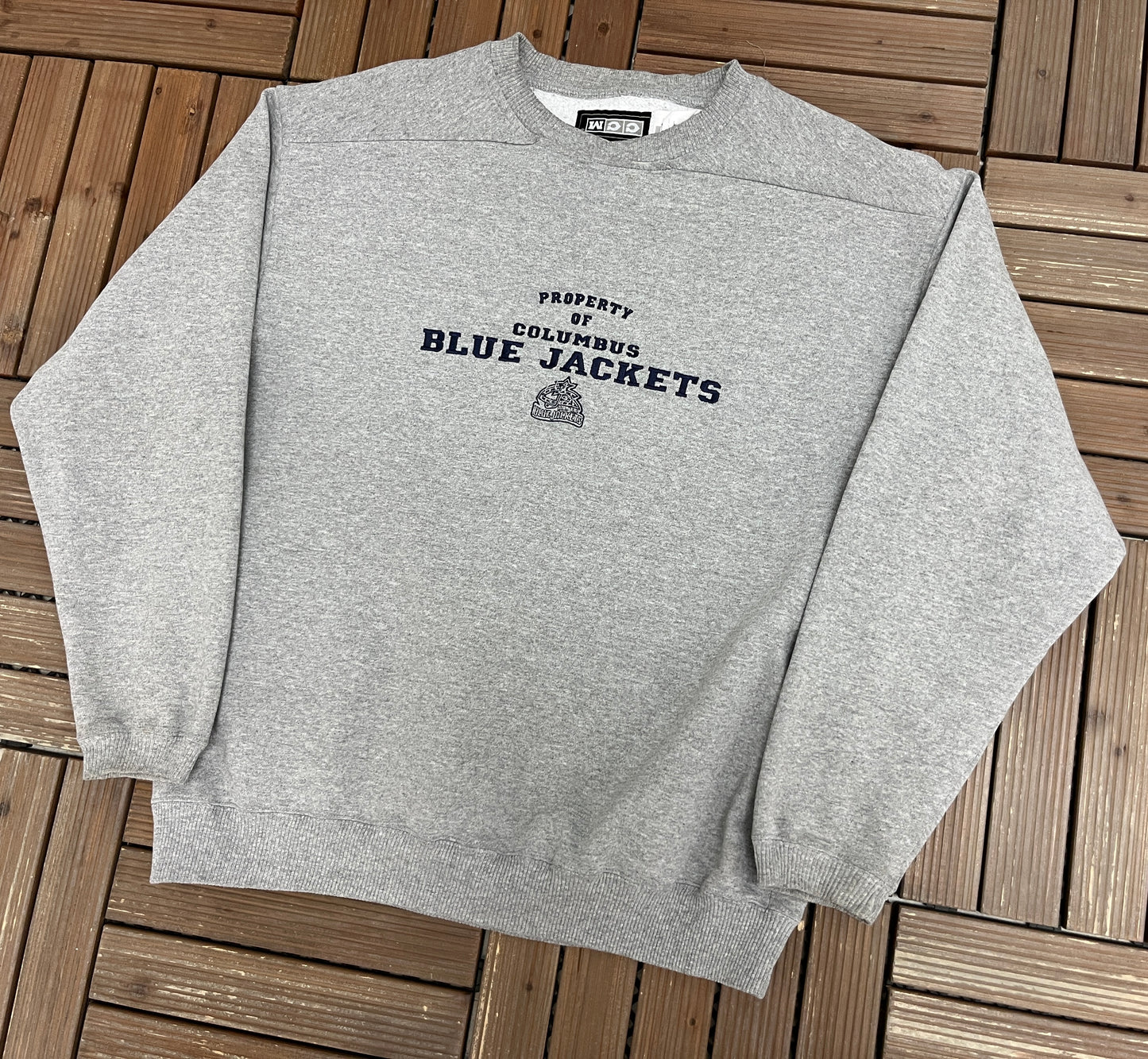 Property Of Columbus Blue Jackets Graphic Crewneck | Size Large | Vintage 2000s NHL Hockey Grey Sweater |