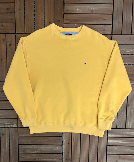 Tommy Hilfiger Small Logo Graphic Crewneck | Size Medium | Vintage 2000s Branded Yellow Sweater |