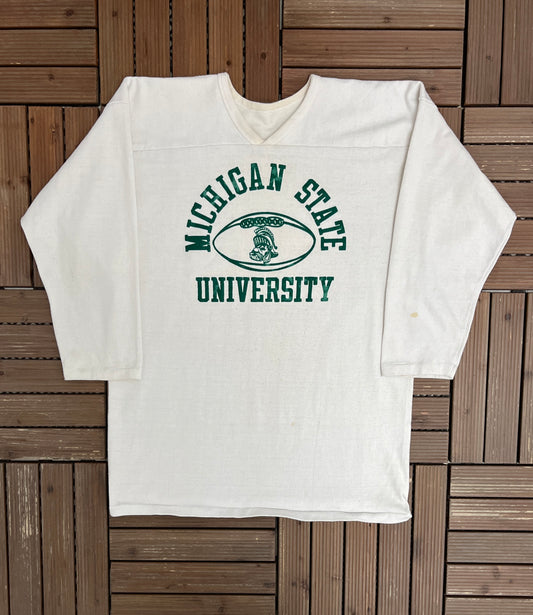 Michigan State Spartans Football Graphic Tee | Size Large | Vintage 1970s Russell Athletic White 3/4 Sleeve T-Shirt |