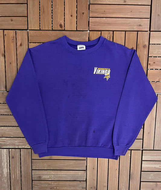 Minnesota Vikings Embroidered Graphic Crewneck | Size Small | Vintage 1990s NFL Football Purple Sweater |