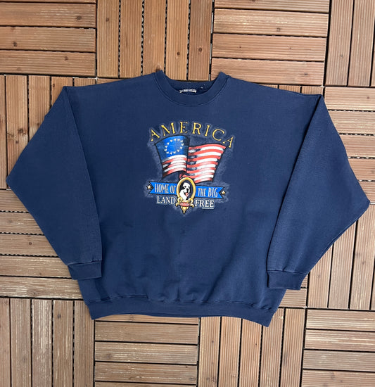 Big Dogs America Land Of The Free Graphic Crewneck | Size X-Large | Vintage 2000s Promotional Blue Sweater |