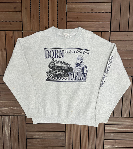 Huckleberry Railroad Graphic Crewneck | Size X-Large | Vintage 1990s Promotional Grey Sweater |