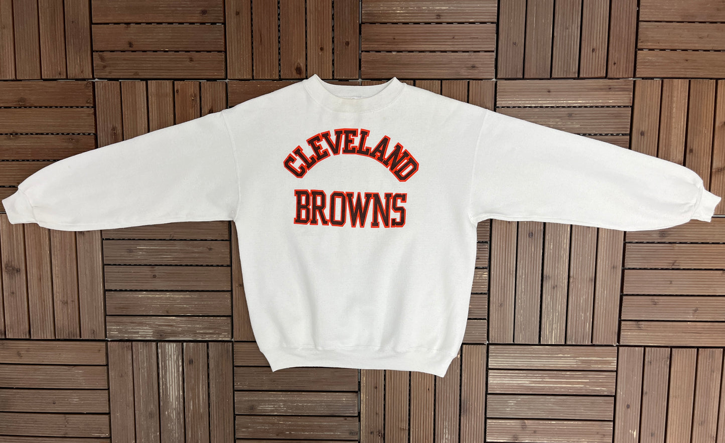 Cleveland Browns Spell Out Graphic Crewneck | Size X-Large | Vintage 1990s NFL Football White Sweater |