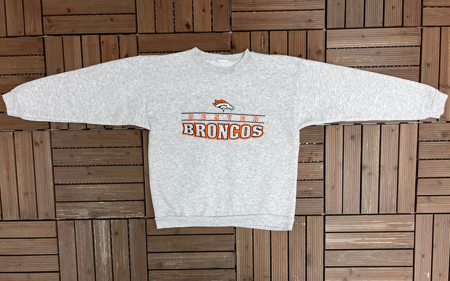 Denver Broncos Embroidered Graphic Crewneck | Size Small | Vintage 1990s NFL Football Grey Sweater |