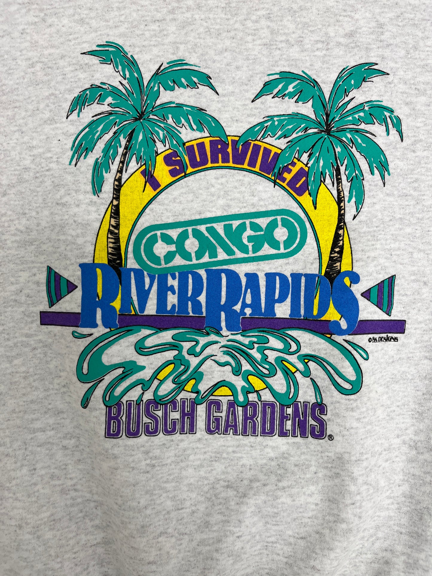 I Survived Congo River Rapids Busch Gardens Crewneck | Size Large | Vintage 1990s Promotional Grey Sweater|