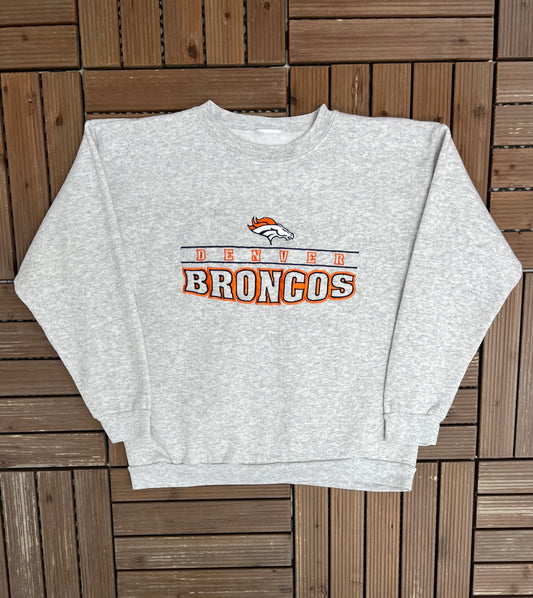 Denver Broncos Embroidered Graphic Crewneck | Size Small | Vintage 1990s NFL Football Grey Sweater |