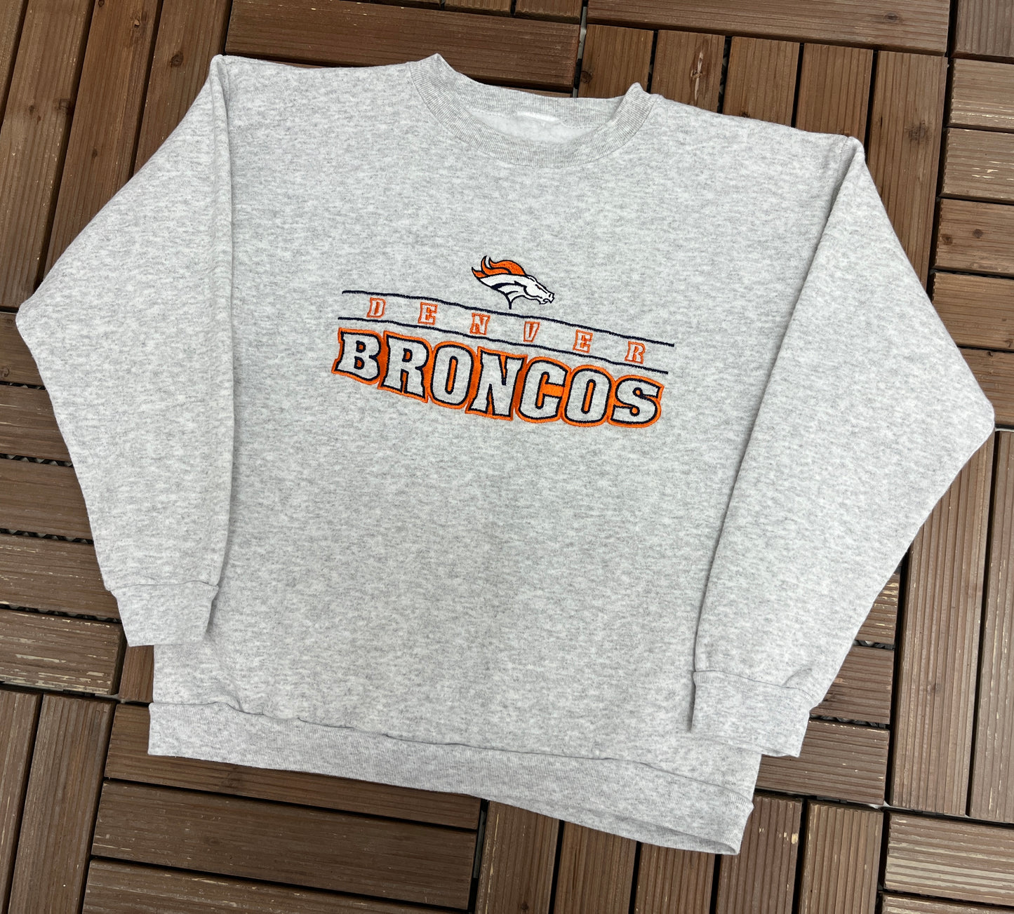 Denver Broncos Embroidered Graphic Crewneck | Size Small | Vintage 1990s NFL Football Grey Sweater |