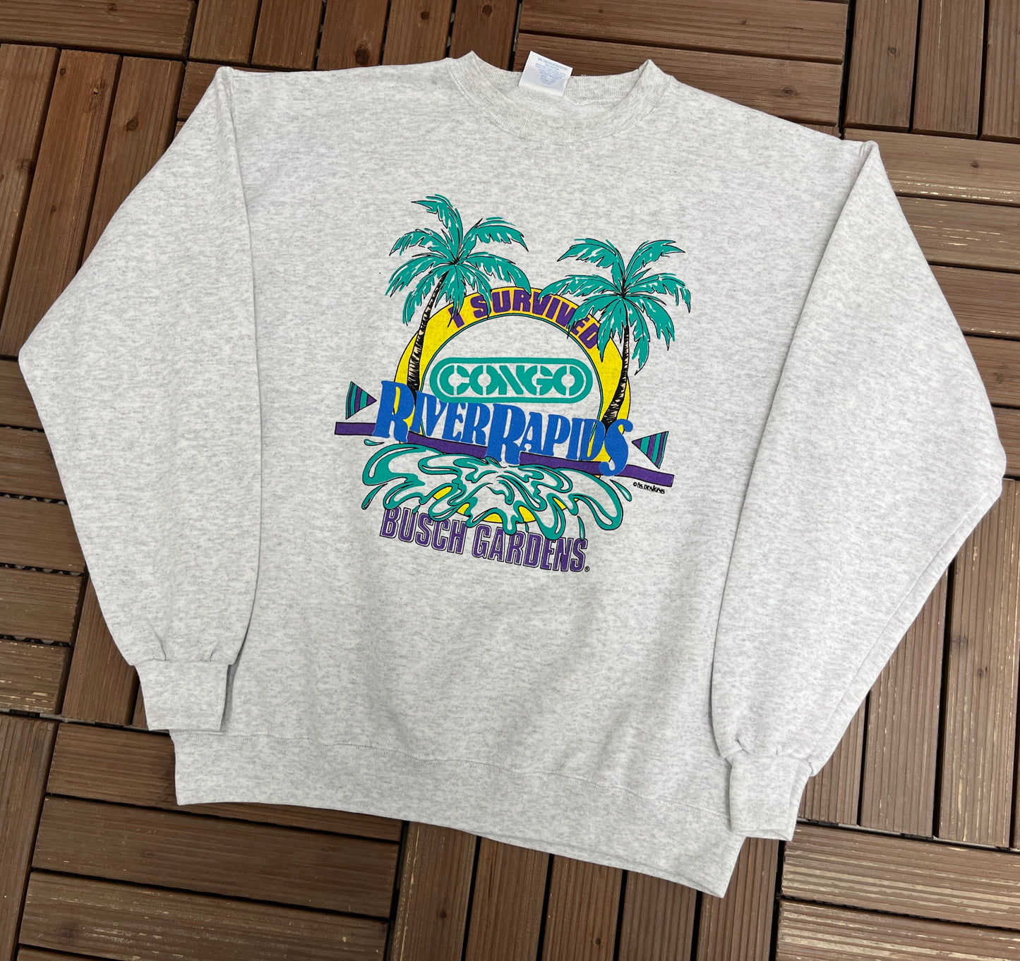 I Survived Congo River Rapids Busch Gardens Crewneck | Size Large | Vintage 1990s Promotional Grey Sweater|