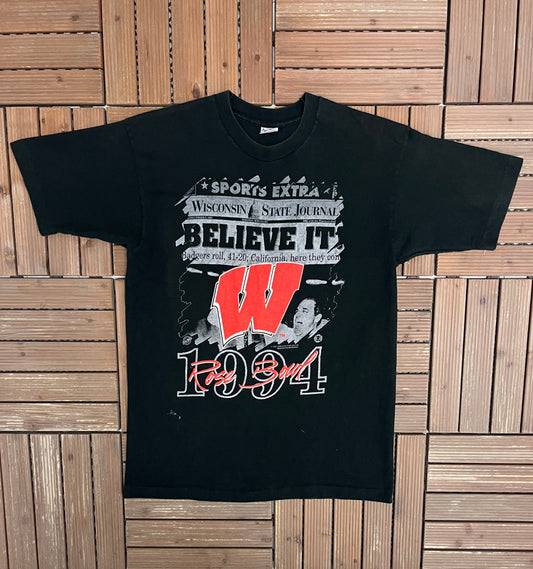 Wisconsin Badgers Rose Bowl 1994 Graphic Tee | Size Large | Vintage 1990s College Football Black T-Shirt |