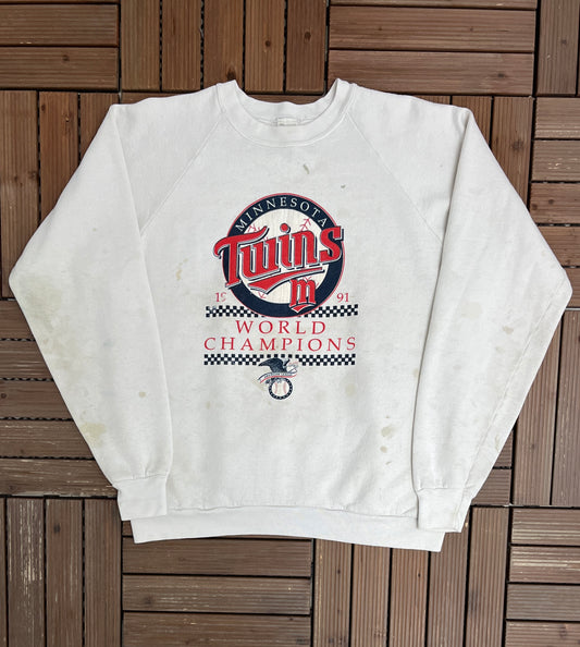 Minnesota Twins World Series 1991 Graphic Crewneck | Size XX-Large | Vintage 1990s MLB Baseball White Sweater |