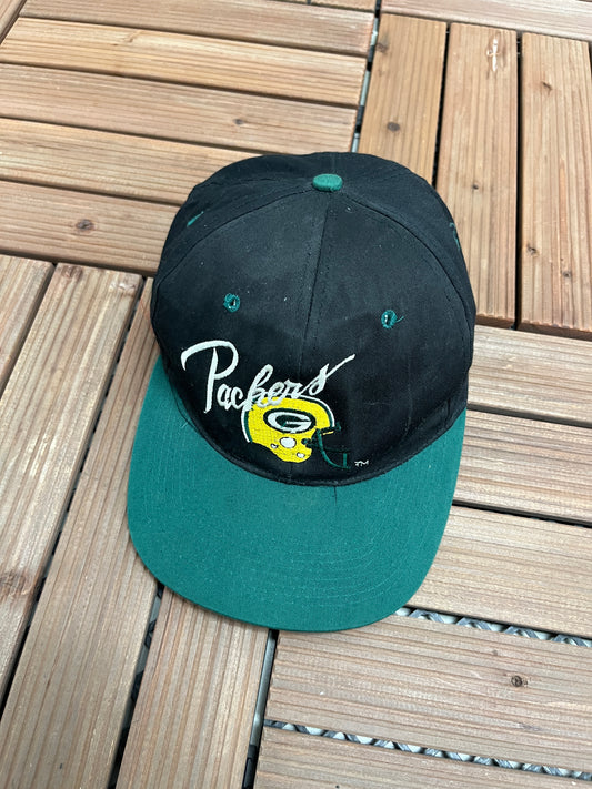 Green Bay Packers Embroidered Graphic Hat | Snap Back | Vintage 1990s NFL Football Black Cap |