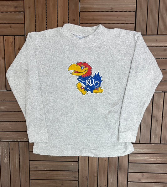 Kansas Jayhawks Graphic Crewneck | Size X-Large | Vintage 1990s College Grey Fleece Sweater |