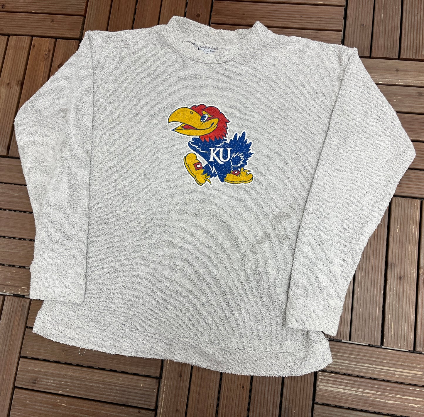 Kansas Jayhawks Graphic Crewneck | Size X-Large | Vintage 1990s College Grey Fleece Sweater |