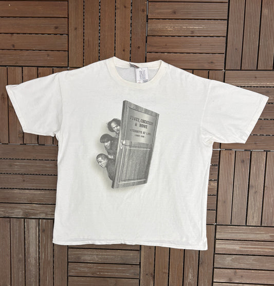 The Three Stooges Attorneys At Law Graphic Tee | Size X-Large | Vintage 1990s Promotional White T-Shirt |