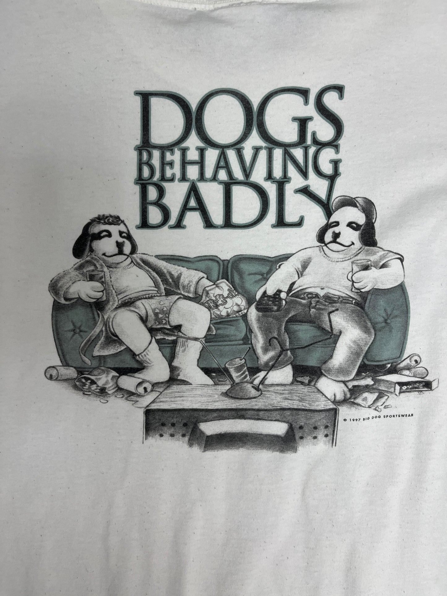 Big Dogs Behaving Badly Graphic Tee | Size XX-Large | Vintage 1990s Cartoon Dog White T-Shirt |