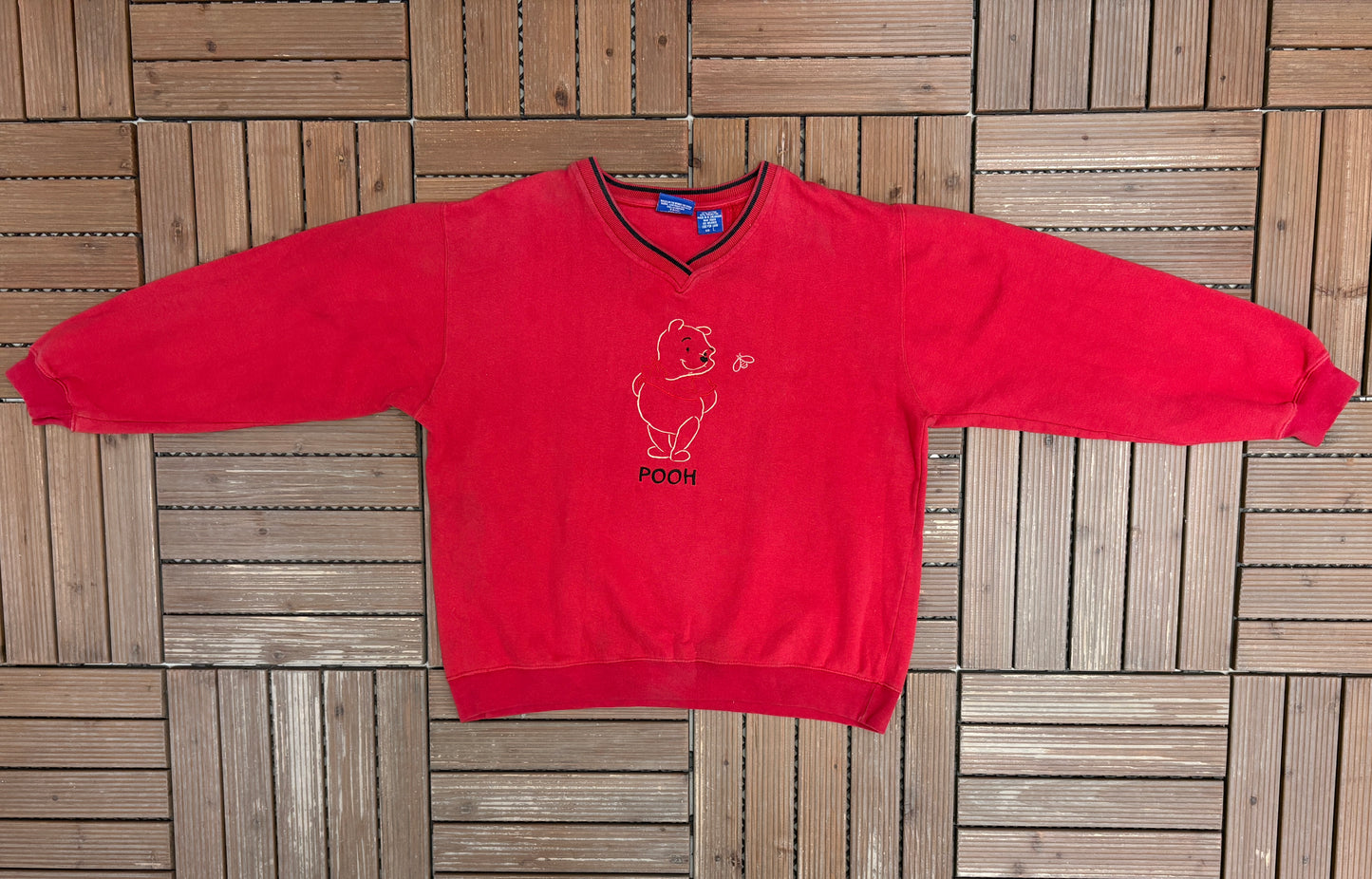 Winnie The Pooh Embroidered Graphic Crewneck | Size Large | Vintage 1990s Cartoon Red Sweater |